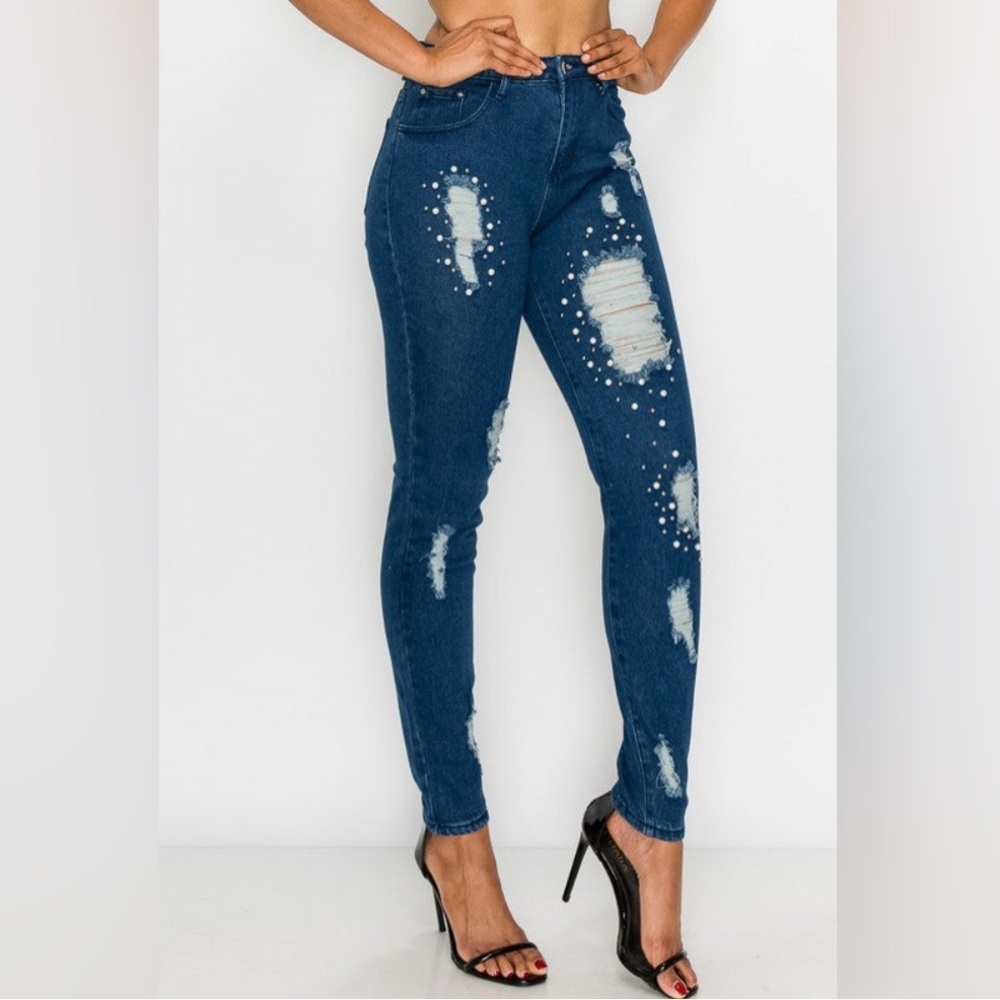 NEW Banjul Distressed Pearl Beaded Skinny Jeans Denim Blue SMALL 26x30